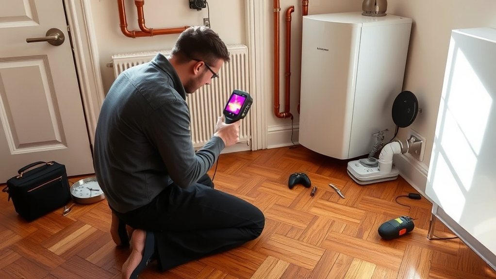 Engineer locating central heating leak using thermal imaging in Finchley